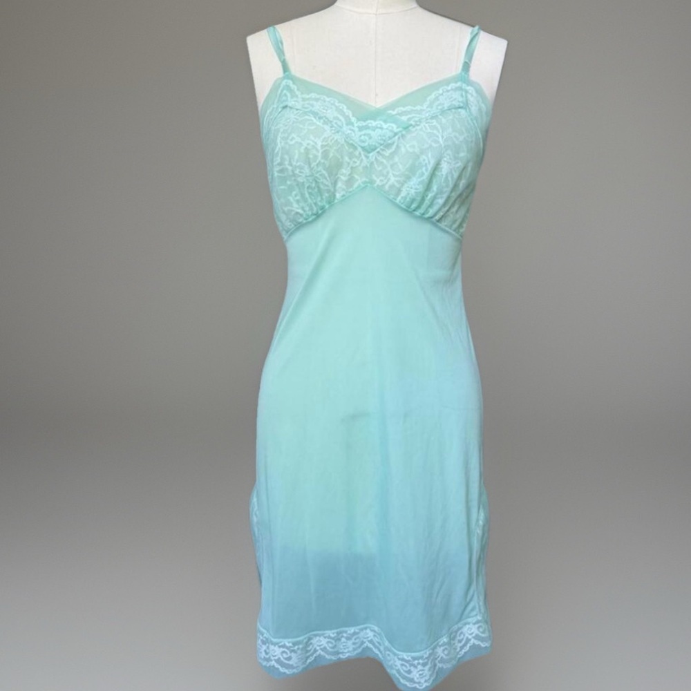 Vintage Blue Turquoise Lace Chemise Nightgown 32 Or Small Strap Slip Dress